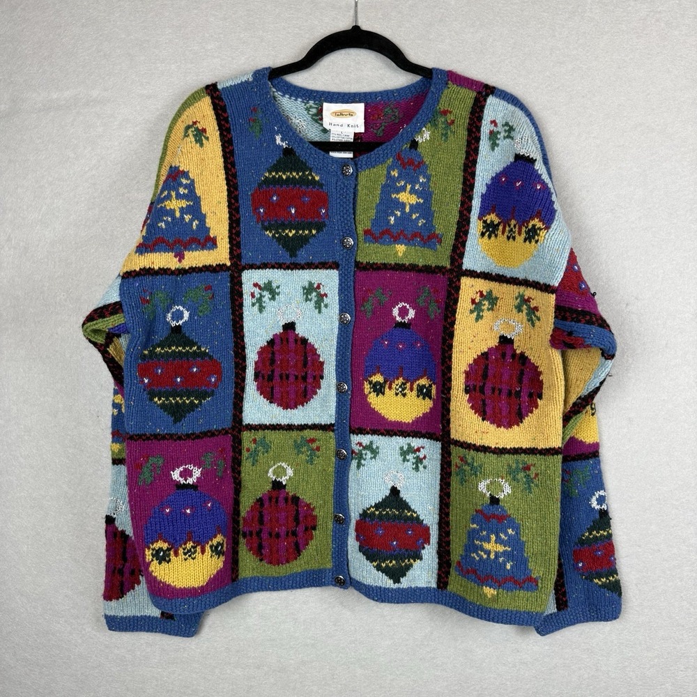 Talbots Hand Knit "Christmas Ornament" Wool Patchwork Sweater Cardigan Sz L‎
